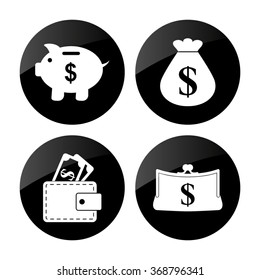 money - vector icon; set  - money bag; Piggy bank;  Purse and Wallet