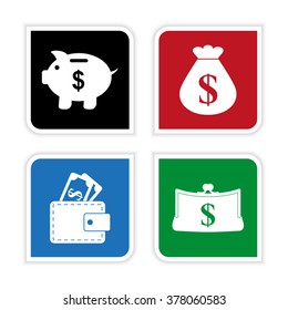 money - vector icon; set  - money bag; Piggy bank;  Purse and Wallet