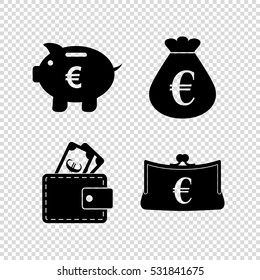 money - vector icon; set  - money bag; Piggy bank;  Purse and Wallet