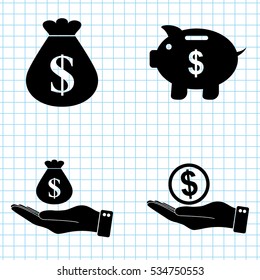 money - vector icon; set  - money  bag; Piggy bank