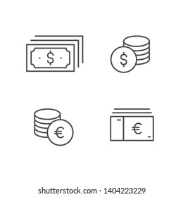 Money vector icon set, coin bill dollar euro line outline sign collection, linear thin symbol, flat design for web, website, mobile app