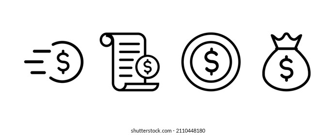 Juego de iconos del vector de dinero. Moneda con un icono de signo de dólar. Símbolo de transferencia o de transacción de dinero rápido aislado en blanco. Icono de pago simple en el concepto de negocio de dinero rápido negro. Ilustración del vector