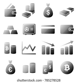 Money vector icon set - Collection of 16 vector isolated money and bank elements in black glossy design on white background. Ideal for company logo, icon, illustration.
