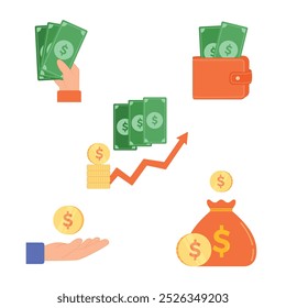 Conjunto de iconos de Vector de dinero. papel moneda, bolso, billetera y monedas. estilo plano