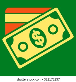 Money vector icon. Style is bicolor flat symbol, orange and yellow colors, rounded angles, green background.