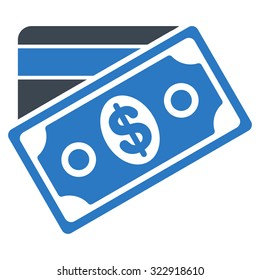 Money vector icon. Style is bicolor flat symbol, smooth blue colors, rounded angles, white background.