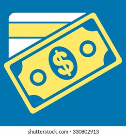 Money vector icon. Style is bicolor flat symbol, yellow and white colors, rounded angles, blue background.