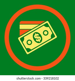 Money vector icon. Style is bicolor flat rounded symbol, orange and yellow colors, rounded angles, green background.