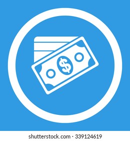 Money vector icon. Style is flat rounded symbol, white color, rounded angles, blue background.