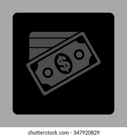 Money vector icon. Style is flat rounded square button, gray and black colors, silver background.
