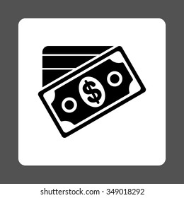 Money vector icon. Style is flat rounded square button, black and white colors, gray background.