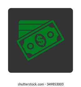 Money vector icon. Style is flat rounded square button, green and gray colors, white background.