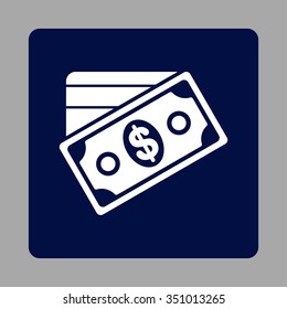 Money vector icon. Style is flat rounded square button, white and dark blue colors, silver background.