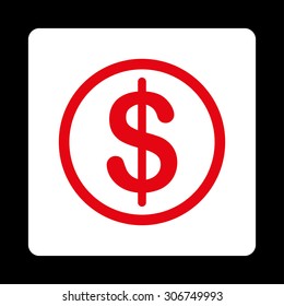Money vector icon. This flat rounded square button uses red and white colors and isolated on a black background.