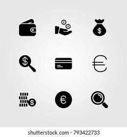 Money vector icons set. money bag, dollar and loupe