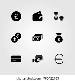 Money vector icons set. bag, money bag and euro