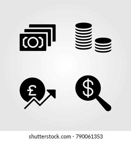 Money vector icons set. coins, dollar and money
