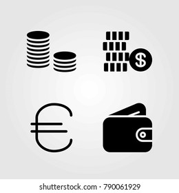 Money vector icons set. coins, coin and dollar