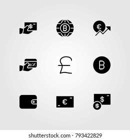 Money vector icons set. credit card, pound sterling and dollar