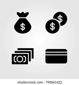 Money vector icons set. dollar coin, bag and money