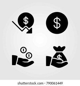 Money vector icons set. dollar, dollar coin and money bag