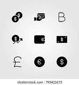 Money vector icons set. dollar, euro and dollar coin