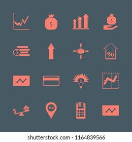 money vector icons set. with graph, statistics, dollar house scales and money bag hand in set