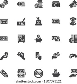 Money vector icons set, modern solid symbol collection, filled style pictogram pack. Signs, logo illustration. Set includes icons as Dollar coins, money bill, payment credit card, cash, bank cheque