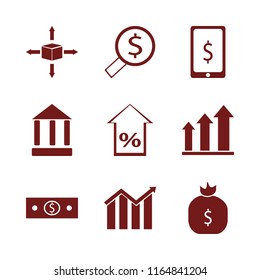 money vector icons set. with parcel four directions, percent up, bank and money bag in set