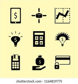 money vector icons set. with pos terminal, money bag hand, dollar symbol phone and calculator in set