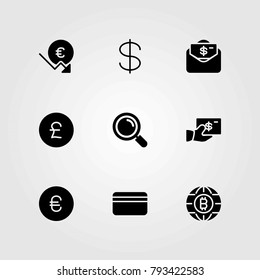 Money vector icons set. pound sterling, coin and loupe