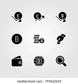 Money vector icons set. pound sterling, loupe and dollar