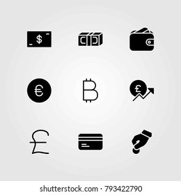 Money vector icons set. pound sterling, euro and credit card