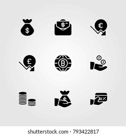 Money vector icons set. pound sterling, coins and money bag