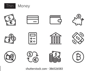 Money vector icons set Thin line outline