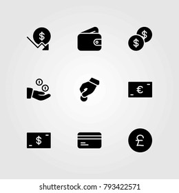 Money vector icons set. wallet, pound sterling and dollar