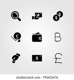 Money vector icons set. wallet, money and loupe