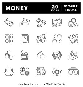 Ícones do vetor Money. Coleção de ícones de linha fina Money. Moeda, finanças, carteira, ATM, Moeda, Ícones relacionados ao setor bancário
