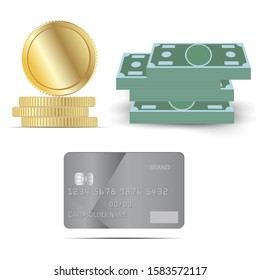 Money vector illustration. Coin, paper cash, card concept. Dollar currency stack symbol design. Abstract cartoon graphic of payment exchange identity. Financial deposit heap or plastic