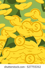 Money vector illustration. Falling golden coins and bills. Mountain of money. Finance background.