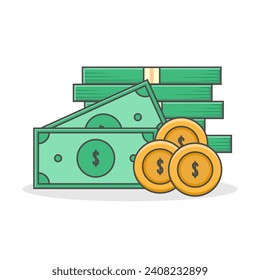 Money vector illustration isolated on white background. Dollar bills. Dollar currency stack icon. Dollar coins.