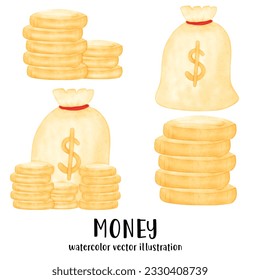 Money, money vector illustration, watercolor money, coins, bank, piggy bank, banking