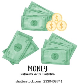 Money, money vector illustration, watercolor money, coins, bank, piggy bank, banking