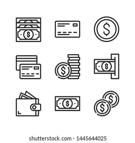 Money vector line icons. Currency, credit card, cash, coins, payment concepts. Simple outline symbols, modern linear graphic elements collection. Line icons set