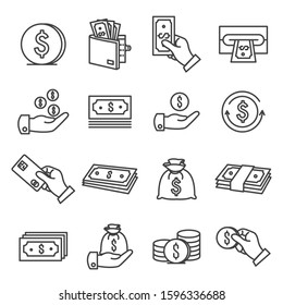 Money vector lines icon set. Contains such Icons as dollar, atm, coin and more. Editable Stroke