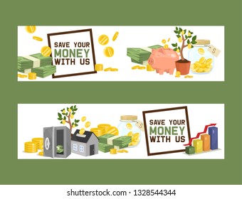 Money vector piggy bank pig box financial bank or money-box with investment savings and coins set of backdrop illustration piggybank moneybox with cash background banner