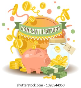 Money vector piggy bank pig box financial bank or money-box with investment savings and coins backdrop illustration piggybank moneybox with cash background