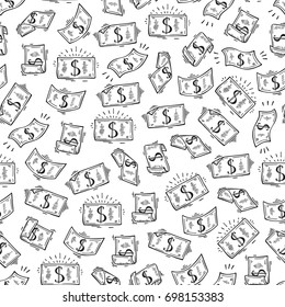 Money Vector Seamless pattern. Hand Drawn doodle Dollar Banknotes. Money rain background. Black and white illustration