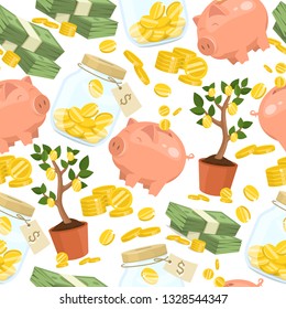 Money vector seamless pattern piggy bank pig box financial bank or money-box with investment savings and coins backdrop illustration piggybank moneybox with cash background