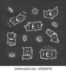 Money Vector Set. Hand Drawn doodle Euro Banknotes and Coins